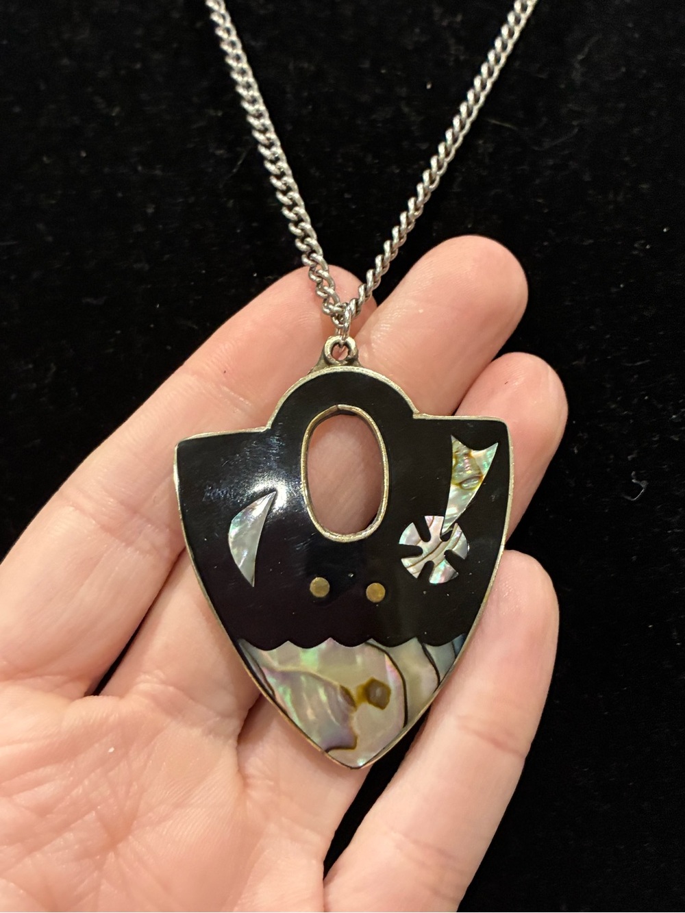 Vintage Mexican Alpaca Silver Abalone & Onyx Celestial Planchette Necklace